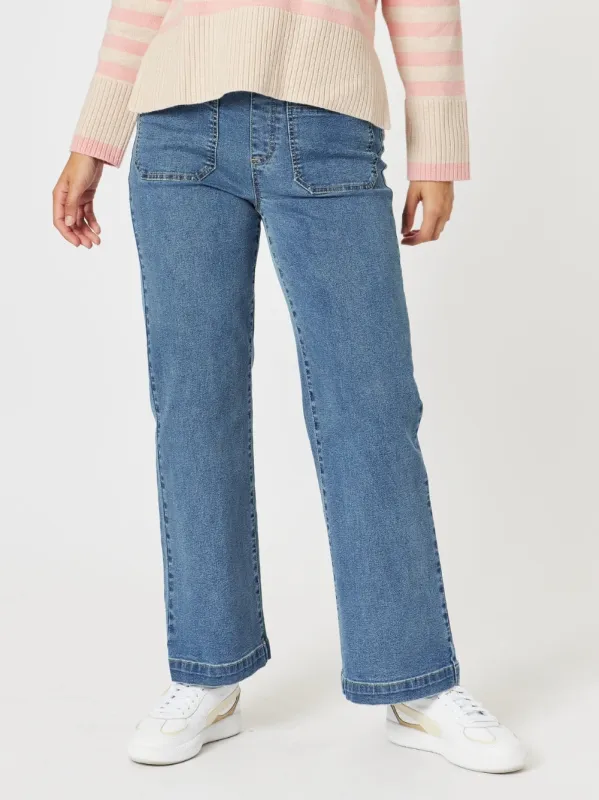 Carpenter Stretch Wide Leg Pull On Denim Jean - Washed Denim sold by RC & Co