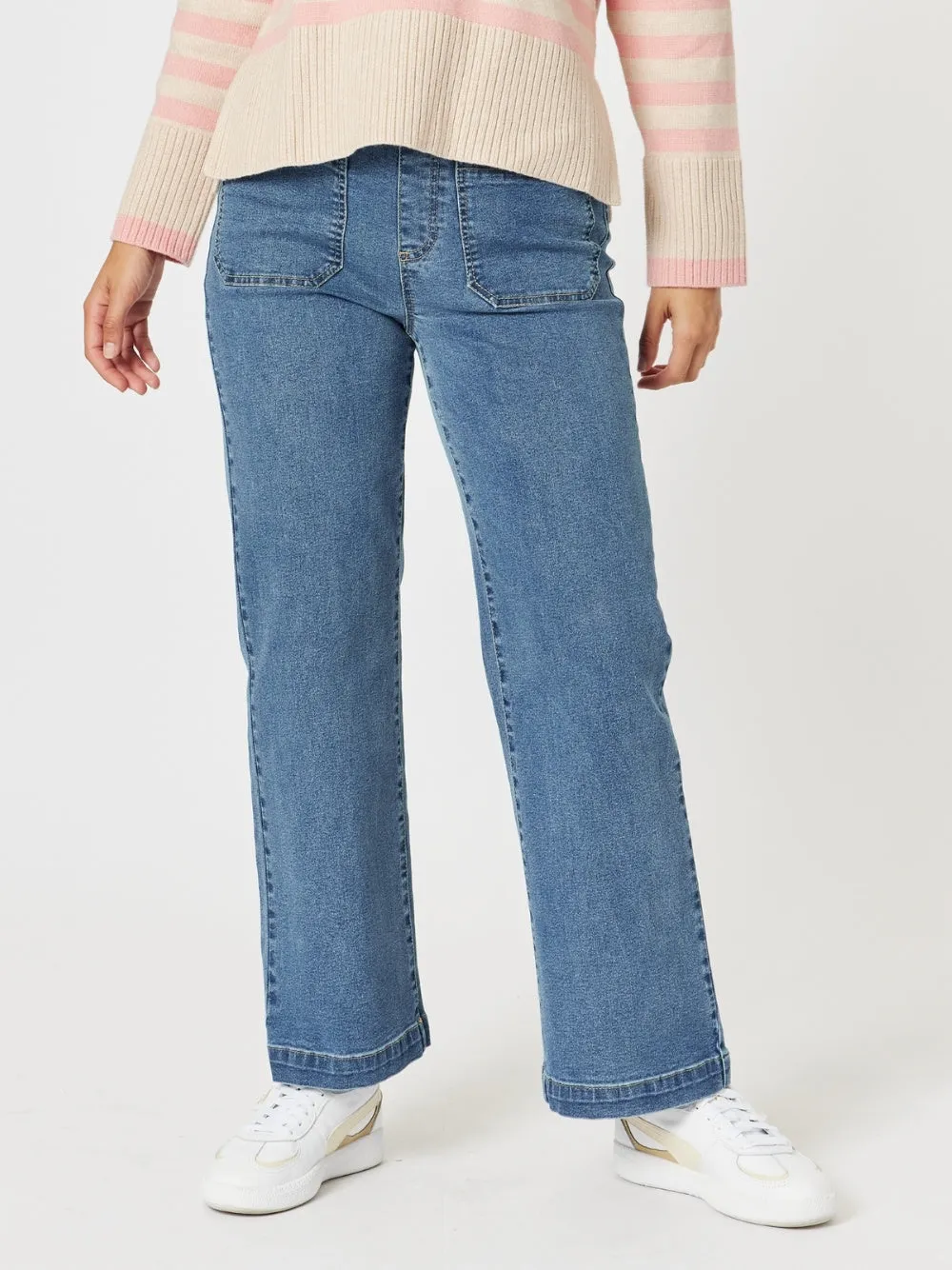 Carpenter Stretch Wide Leg Pull On Denim Jean - Washed Denim sold by RC & Co