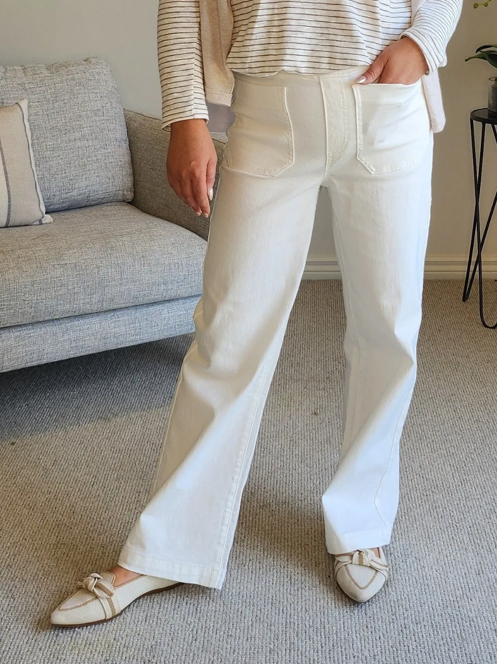 Carpenter Stretch Wide Leg Pull On Denim Jean - Ivory sold by RC & Co