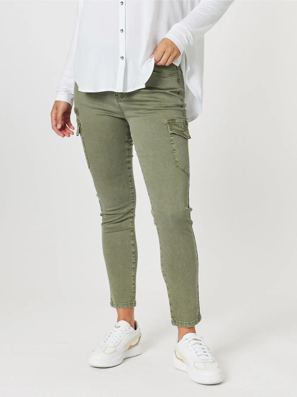 Paige Cargo Slim Leg Jean - Washed Khaki sold by RC & Co