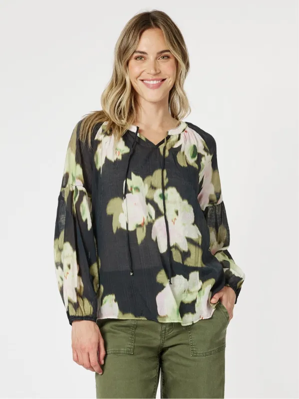 Maggie Floral Print Sheer Blouse - Black/Multi sold by RC & Co