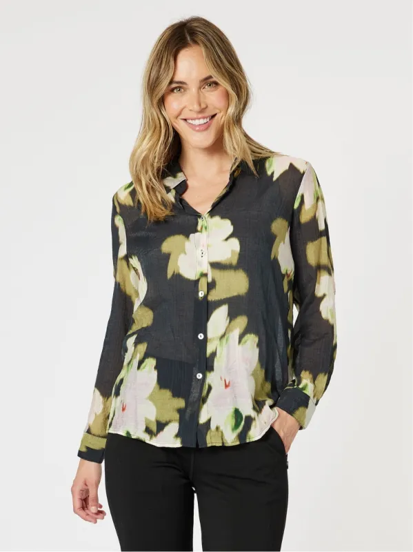 Maggie Floral Print Sheer Shirt - Black/Multi sold by RC & Co