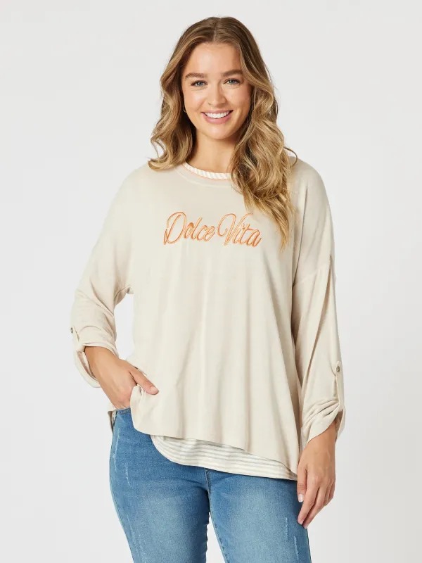 Dolce Vita Embroidered 2 in 1 Top - Natural sold by RC & Co