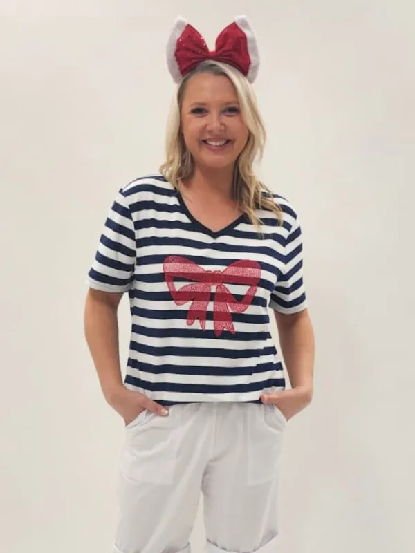 Red Bow Stripe Print Tee - Navy/White sold by RC & Co
