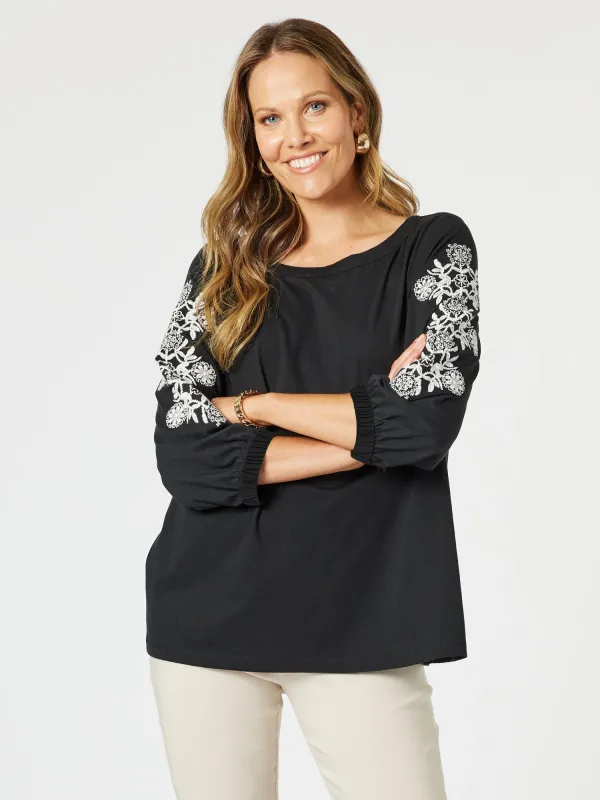 Jackie Floral Embroidered Tee - Black/White sold by RC & Co