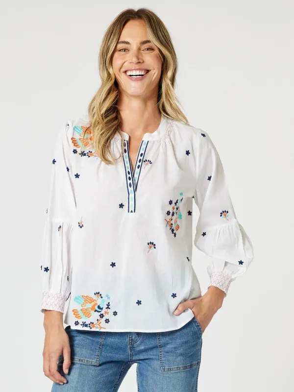 Birdie Embroidered Blouse - White Multi sold by RC & Co
