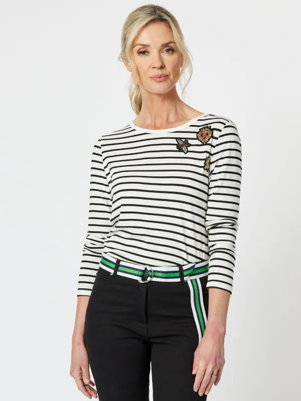 Stripe Badge Detail Long Sleeve Top - Black sold by RC & Co