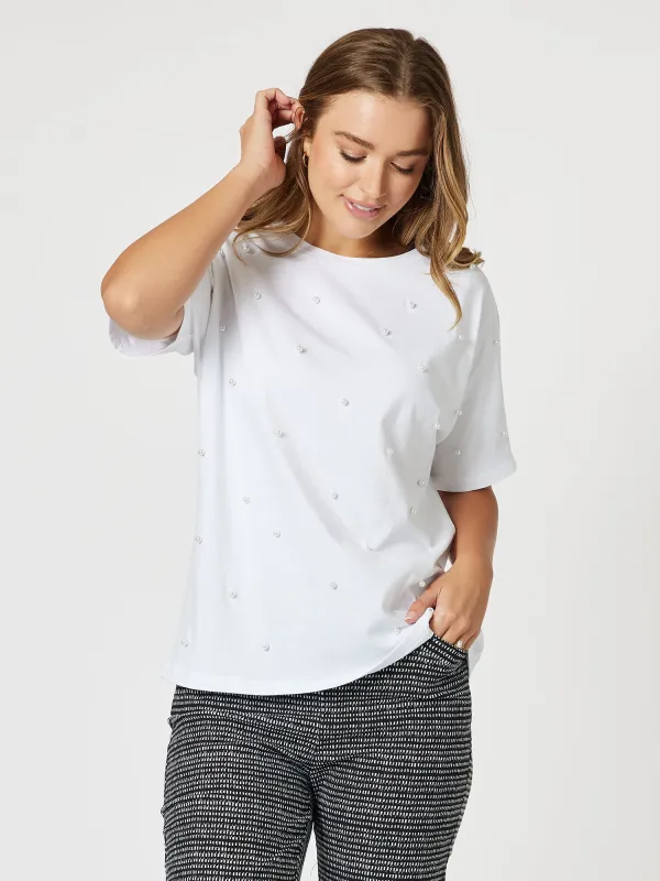 Pearl Embellished Cotton Tshirt - White sold by RC & Co
