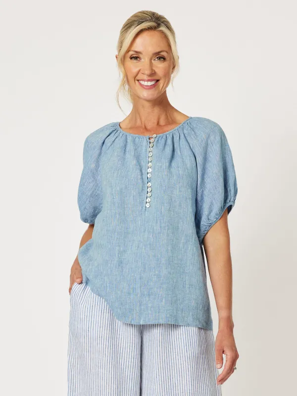 Sanctuary Linen Button Detail Top - Indigo sold by RC & Co