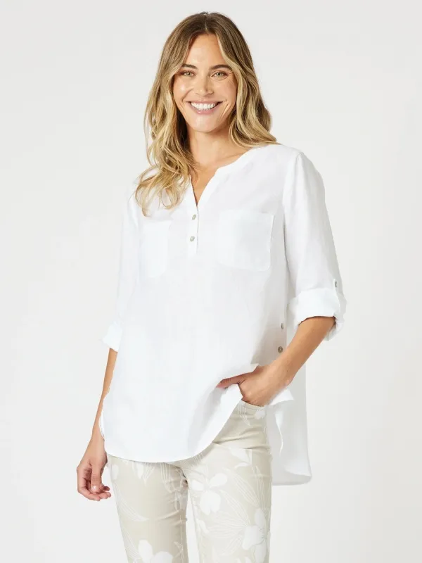 Ava Button Detail Linen Top - White sold by RC & Co