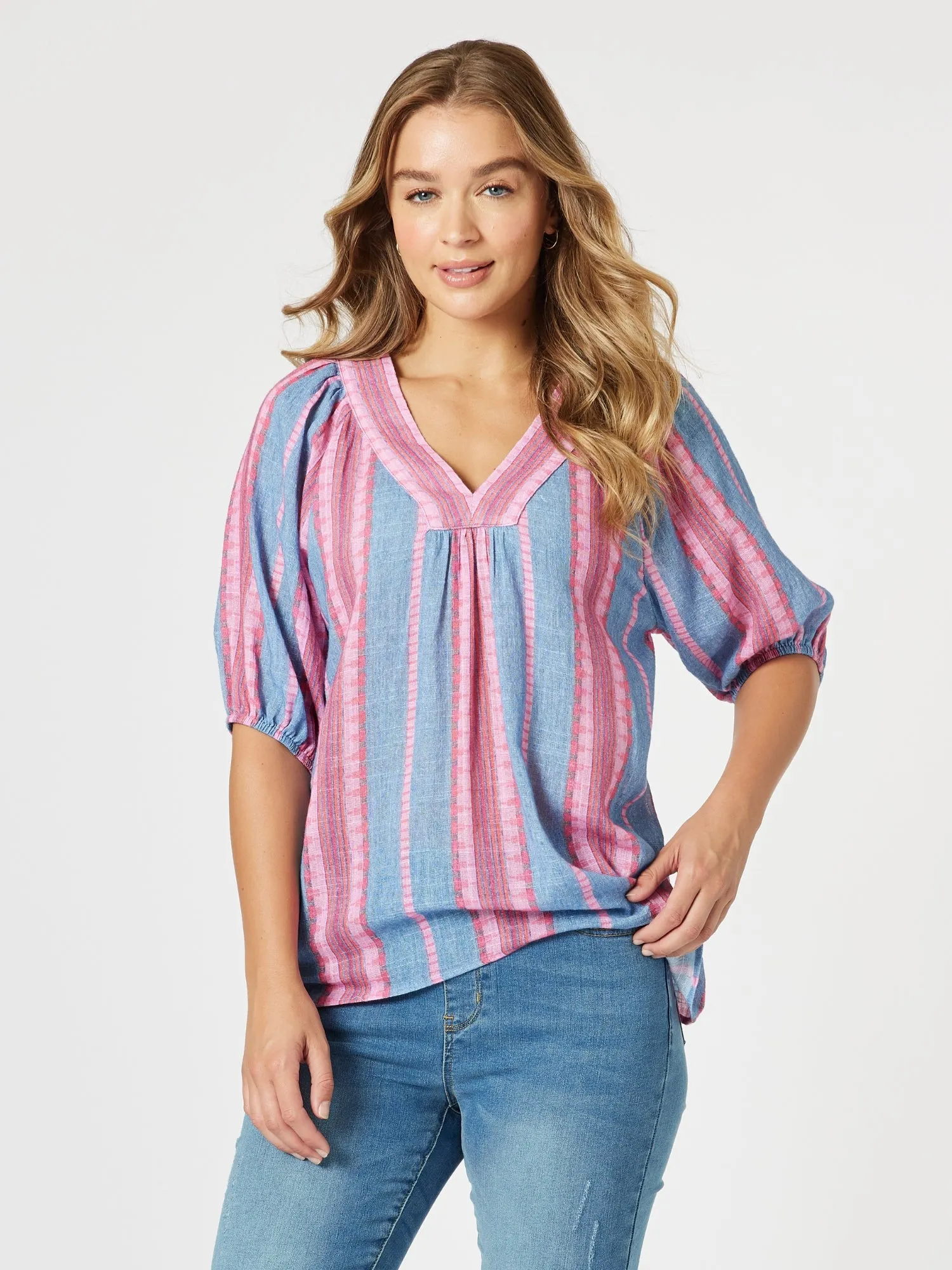 Bloom Stripe Print Top - Indigo Pink sold by RC & Co
