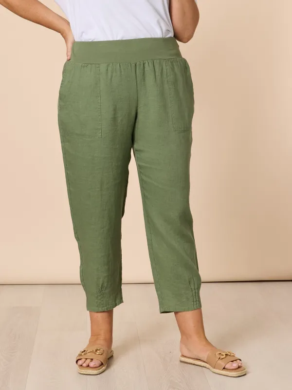 Sarah Linen Pleat Hem Pant - Khaki sold by RC & Co