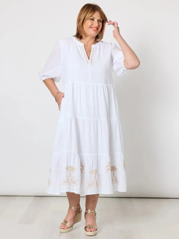Mykonos Embroidered Dress - White/Gold sold by RC & Co