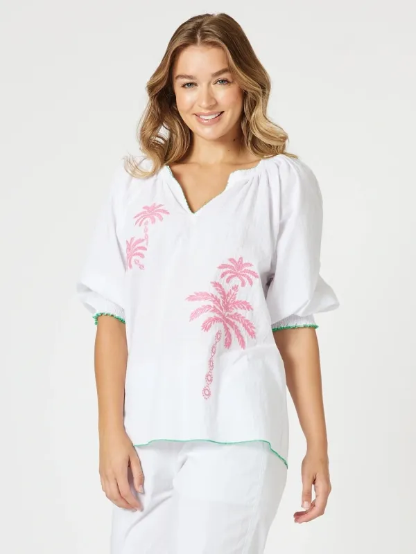 Pina Colada Embroidered Top - White/Pink sold by RC & Co