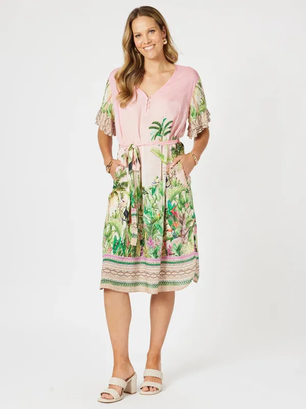 Toucan Print Ruffle Sleeve Dress - Pink made by RC & Co