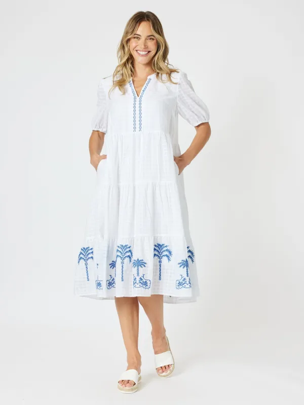Mykonos Embroidered Dress - White/Blue sold by RC & Co