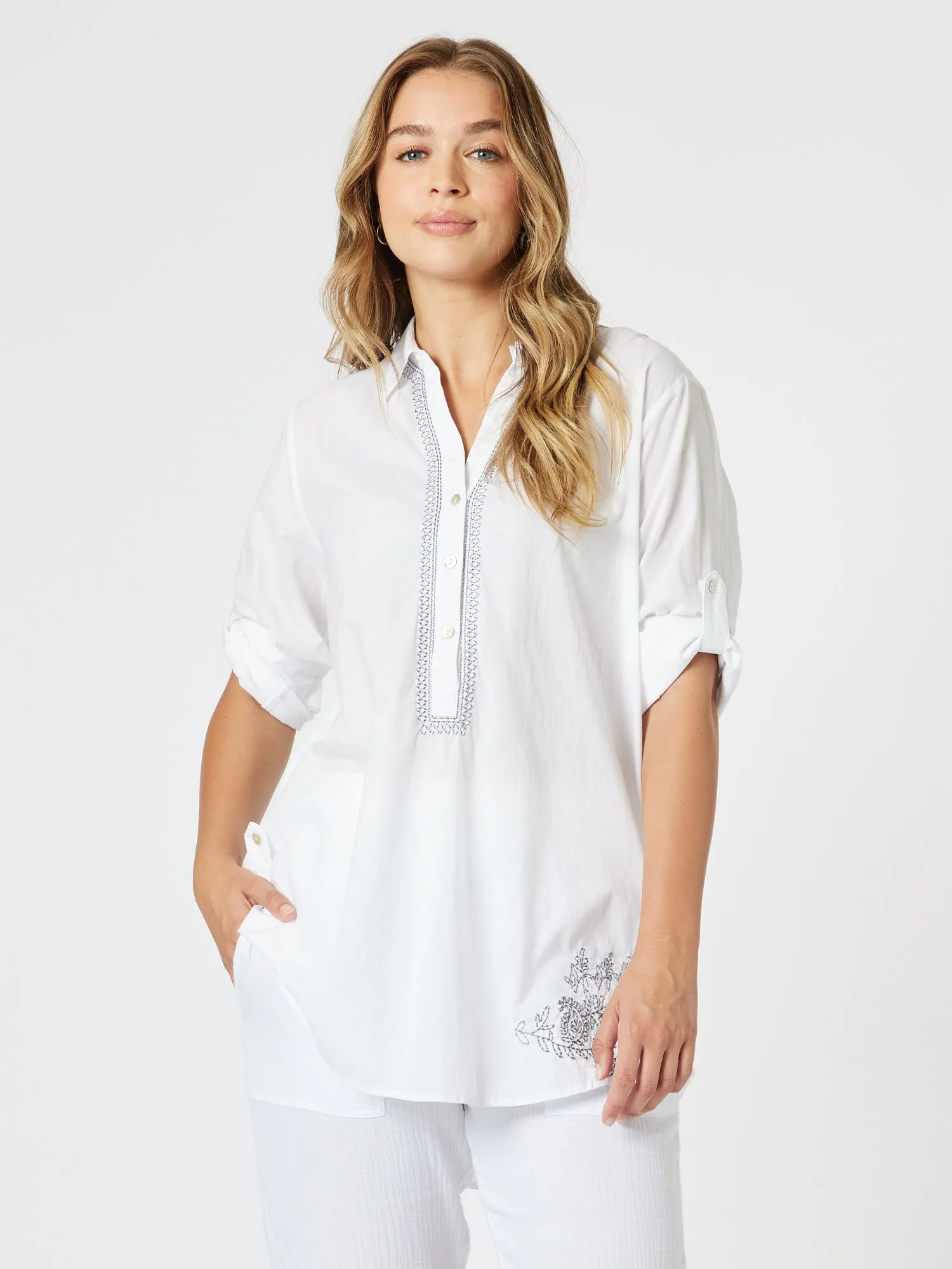 Bella Embroidered Top - White/Blue sold by RC & Co