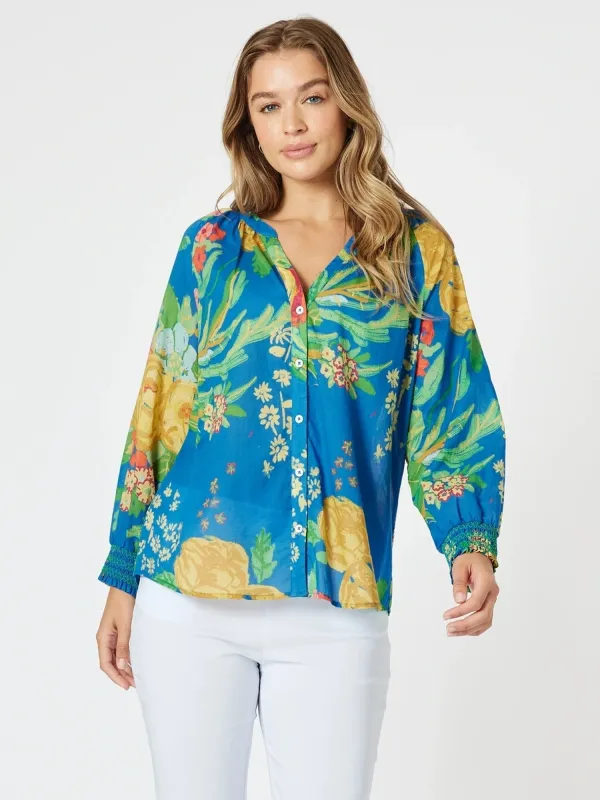Tropics Floral Print Sheer Top - Blue/Multi sold by RC & Co