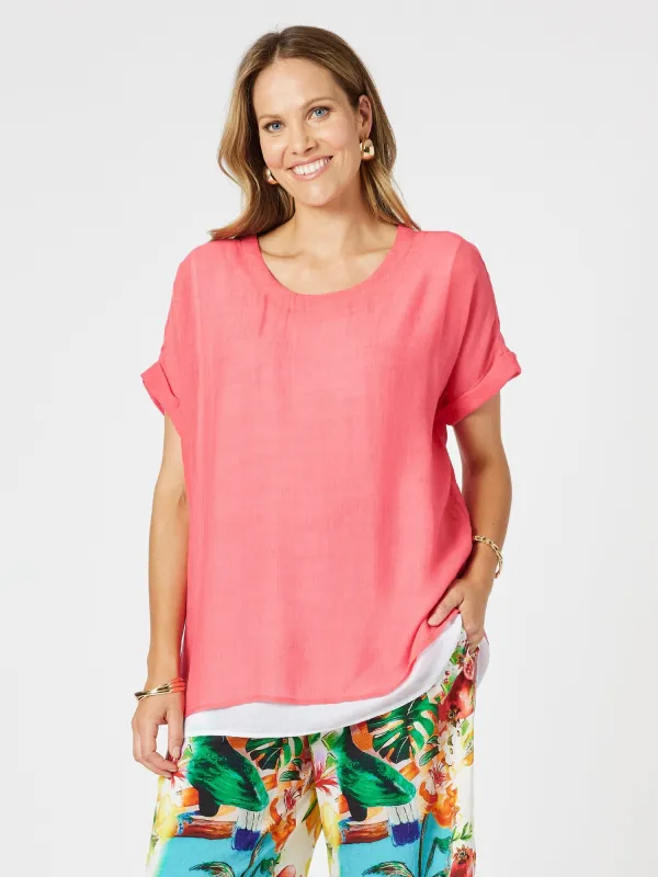Palma Side Button 2 in 1 Look Top - Coral/White sold by RC & Co