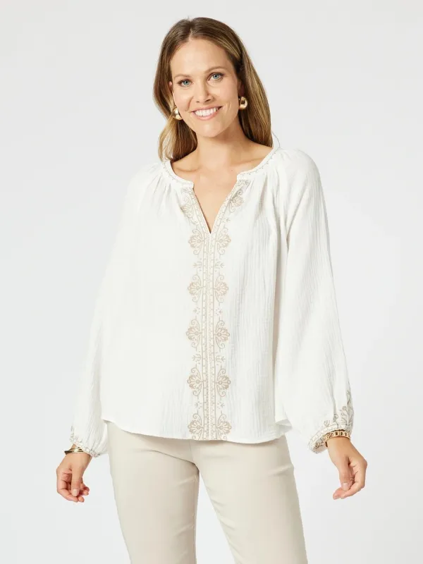 Cross Stitch Embroidered Top - White/Natural sold by RC & Co