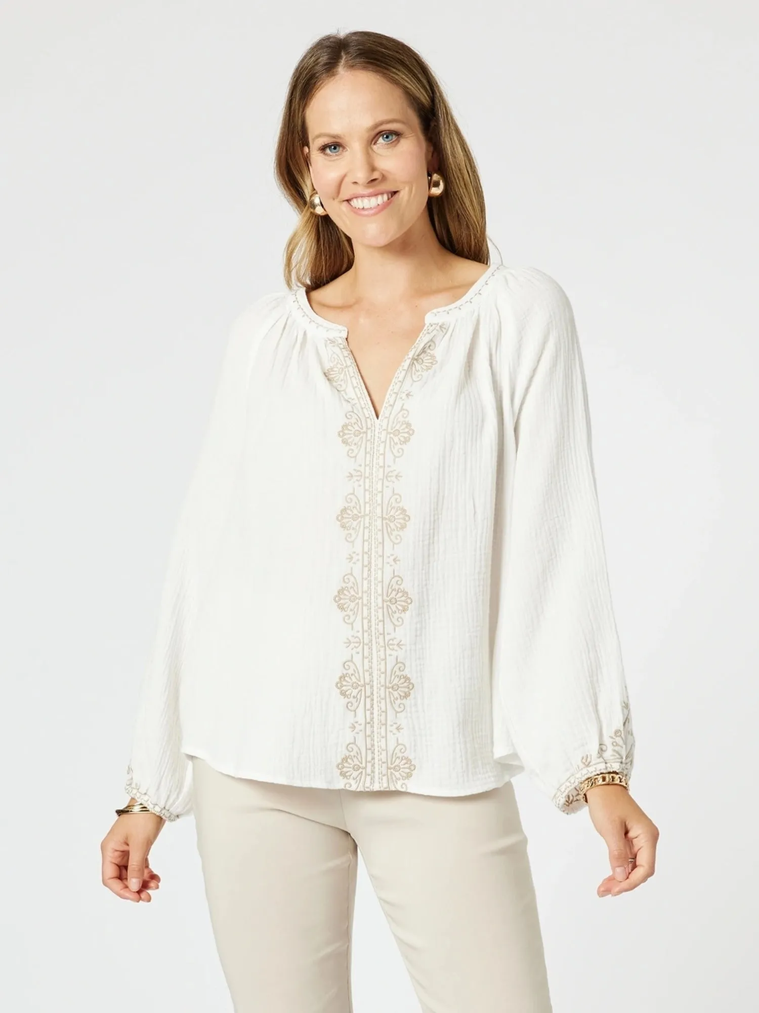 Cross Stitch Embroidered Top - White/Natural sold by RC & Co