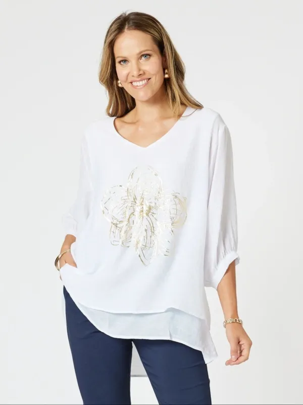 Gold Flower Top - White/Gold sold by RC & Co