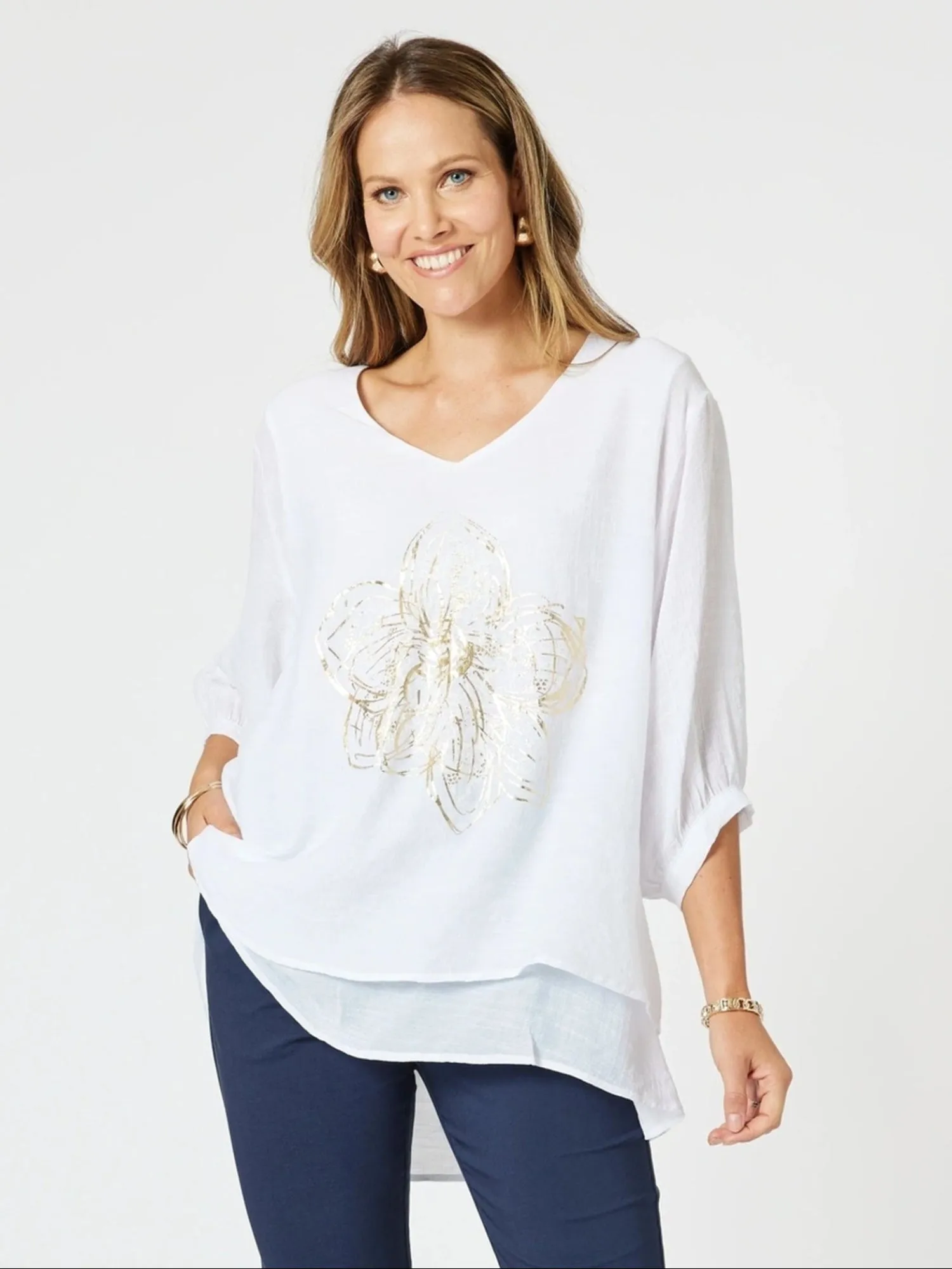 Gold Flower Top - White/Gold sold by RC & Co