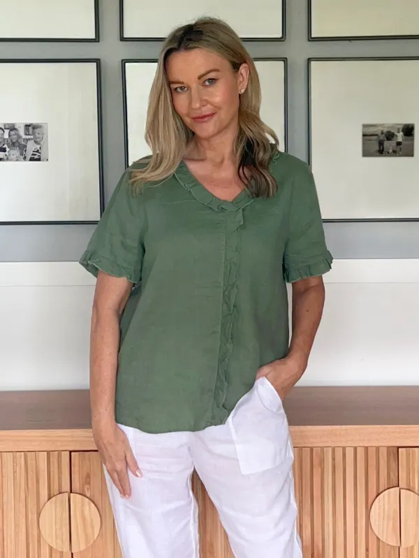 Tiffany Ruffle Linen Top - Khaki sold by RC & Co