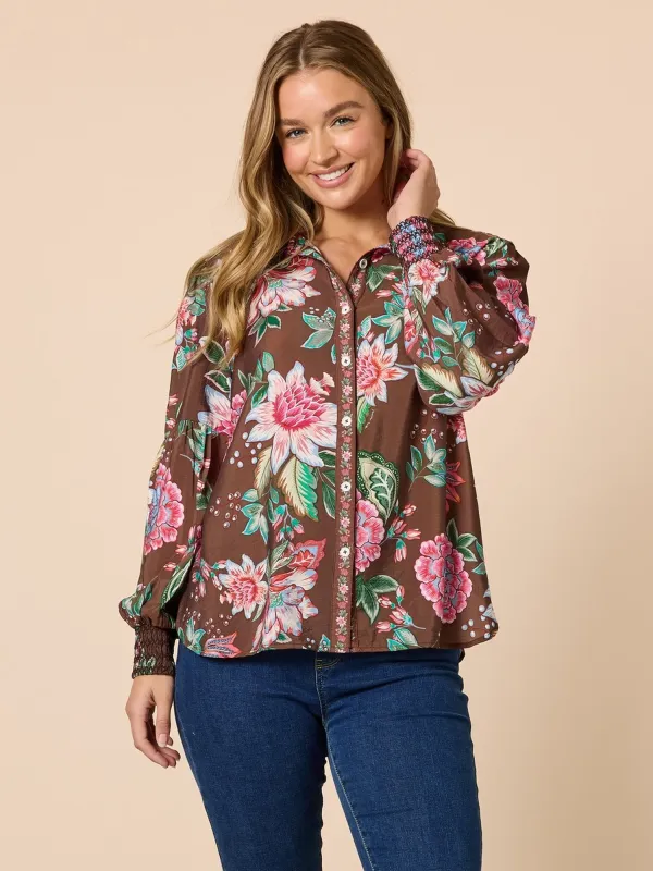 Bouquet Floral Print Shirt - Chocolate Multi made by RC & Co