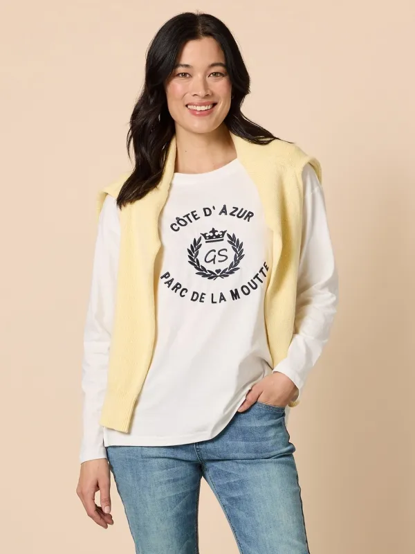 Cote D'Azur Embroidered Logo Long Sleeve Tee - Ivory made by RC & Co
