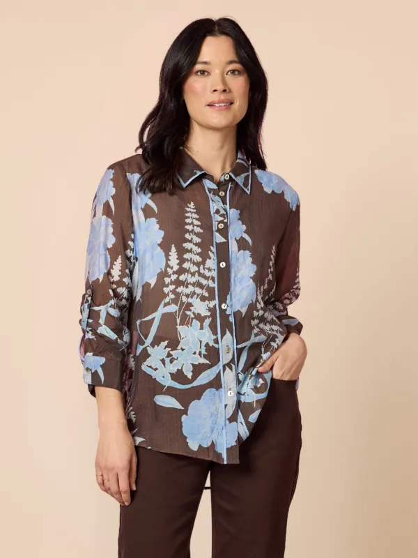 Vermont Floral Print Sheer Shirt - Coffee Blue made by RC & Co