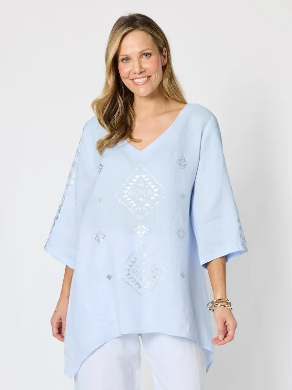 Soleil Foil Print Linen Top - Sky Blue Silver made by RC & Co