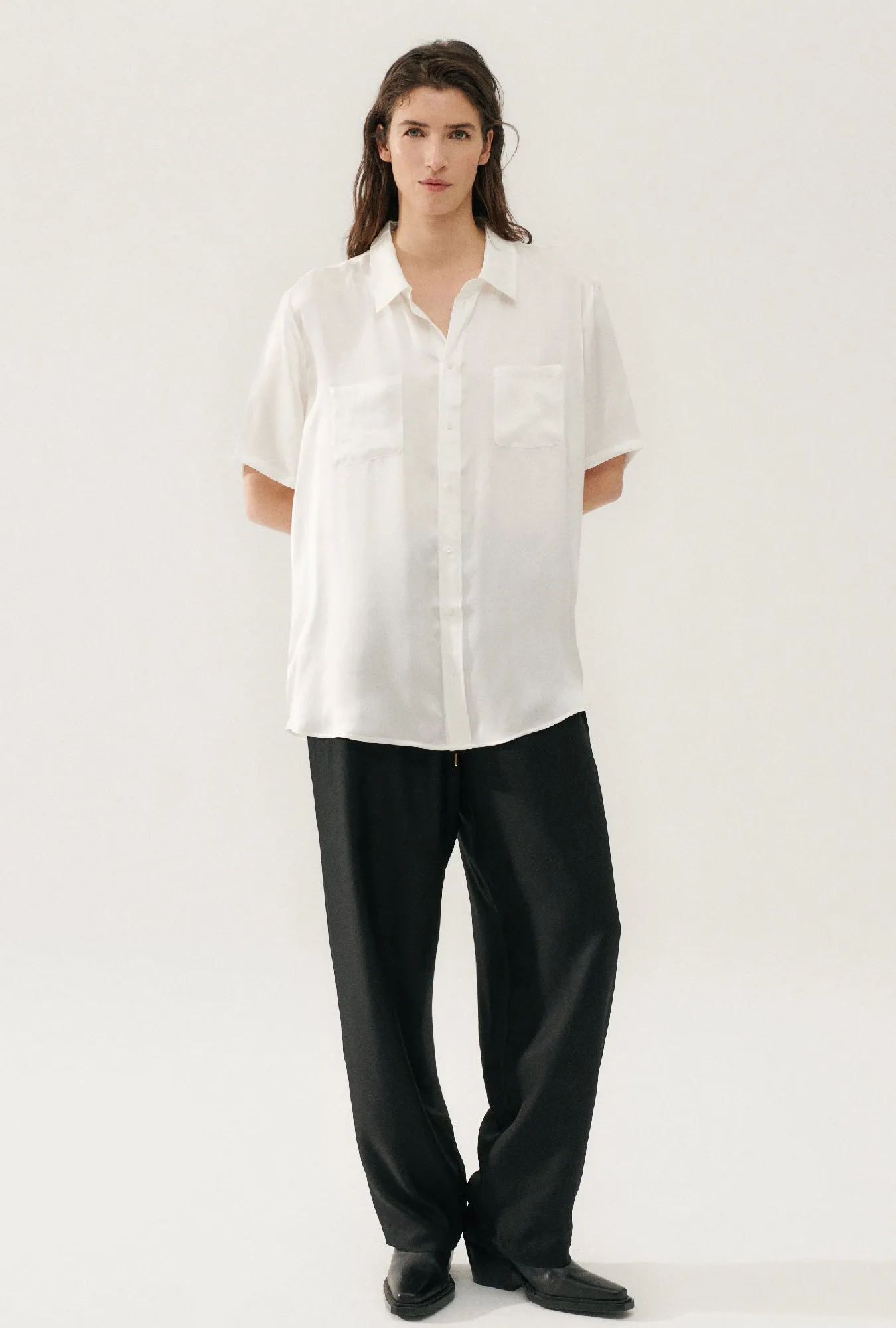 Short Sleeve Boyfriend Shirt White sold by Silk Laundry product image thumbnail 3