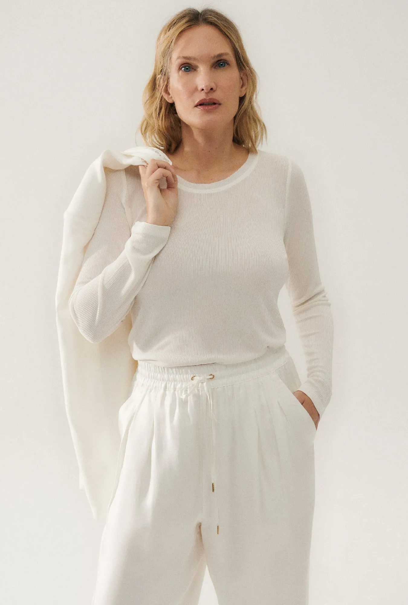 Ribbed Long Sleeve Top White sold by Silk Laundry