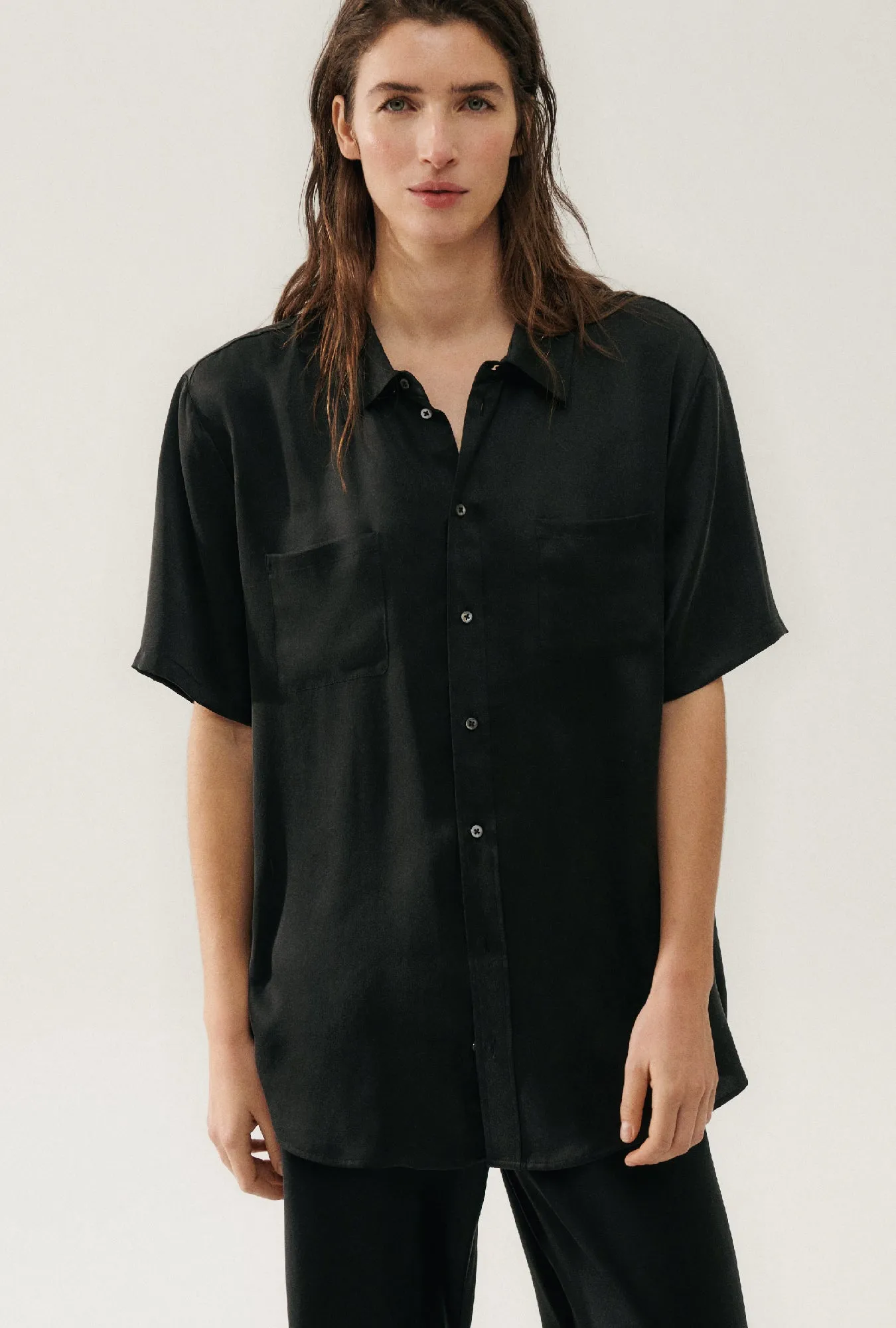 Short Sleeve Boyfriend Shirt Black sold by Silk Laundry