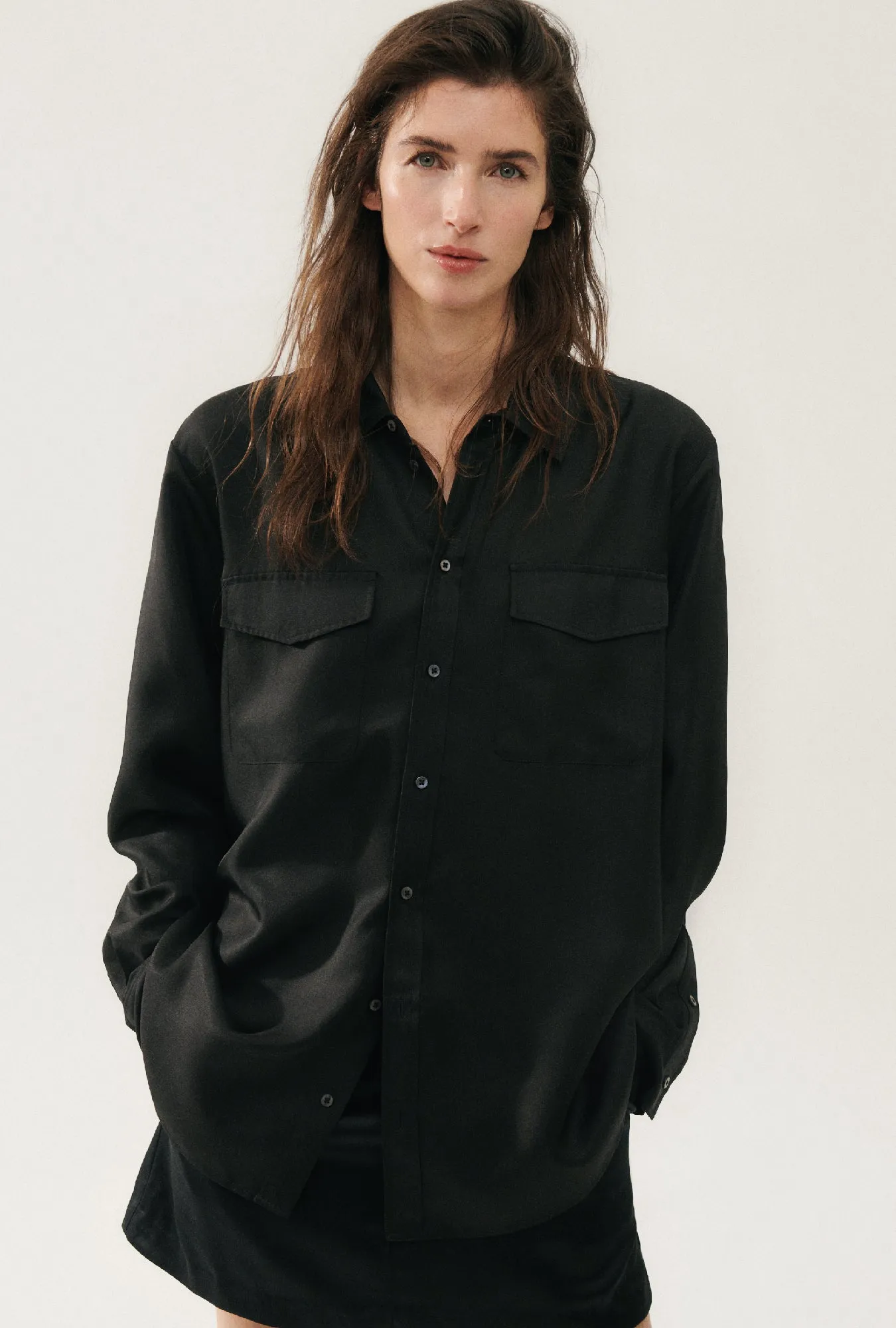 TWILL BOYFRIEND SHIRT BLACK sold by Silk Laundry