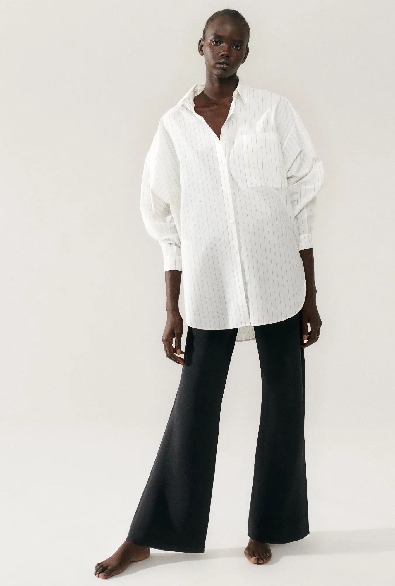 Cotton Silk Round Shirt White Pinstripe sold by Silk Laundry