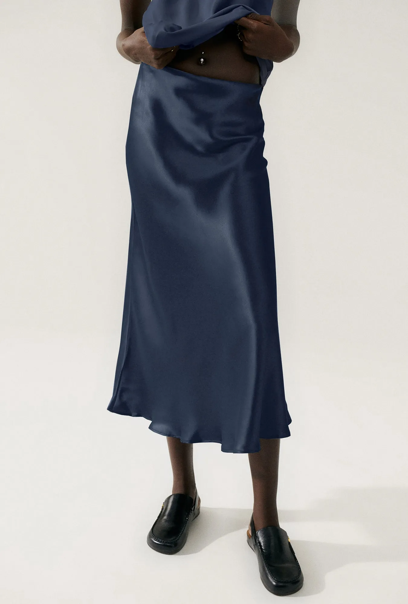 LONG BIAS CUT SKIRT MIDNIGHT sold by Silk Laundry