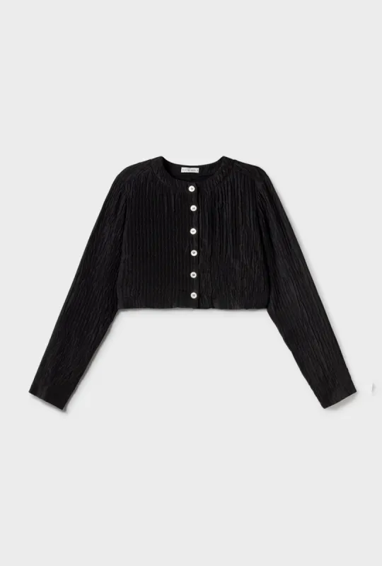 CRINKLE COLLARLESS CROP SHIRT BLACK sold by Silk Laundry