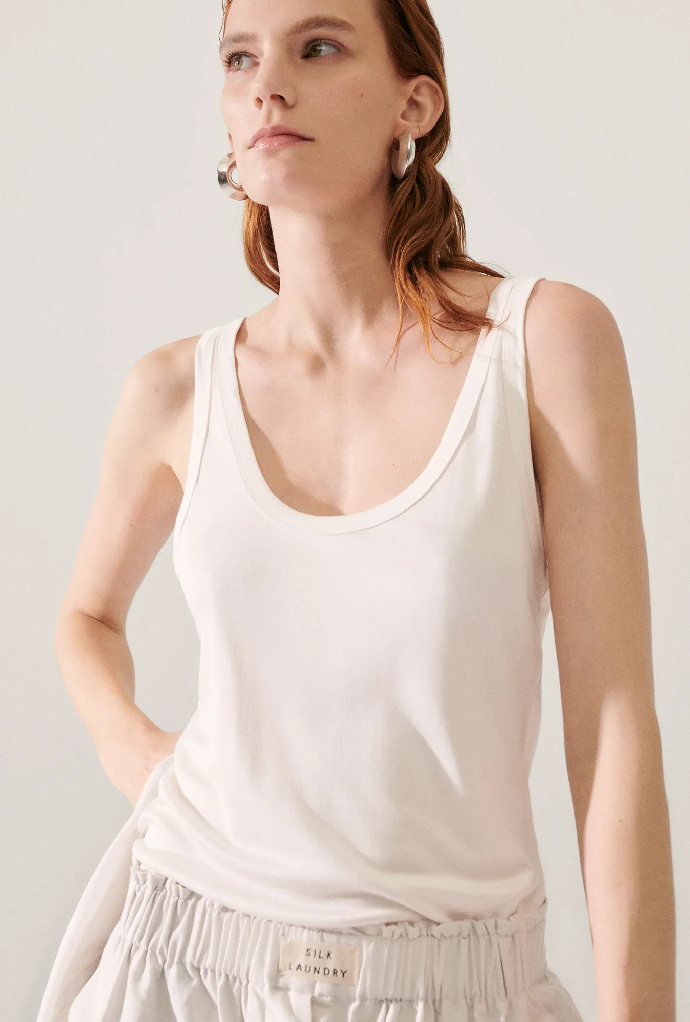 Jersey Scoop Tank White sold by Silk Laundry