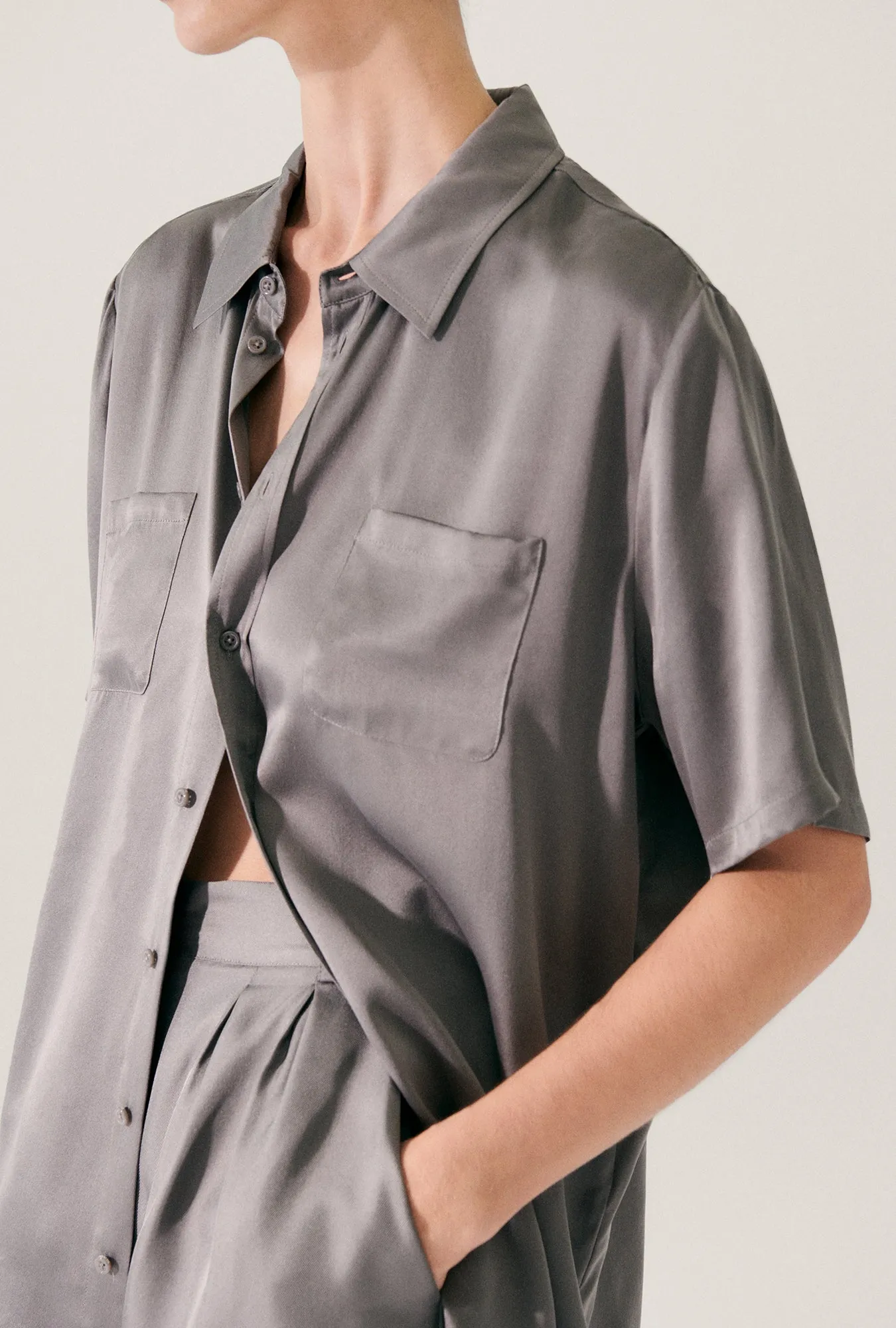 SHORT SLEEVE BOYFRIEND SHIRT GREY PEARL sold by Silk Laundry product image thumbnail 4