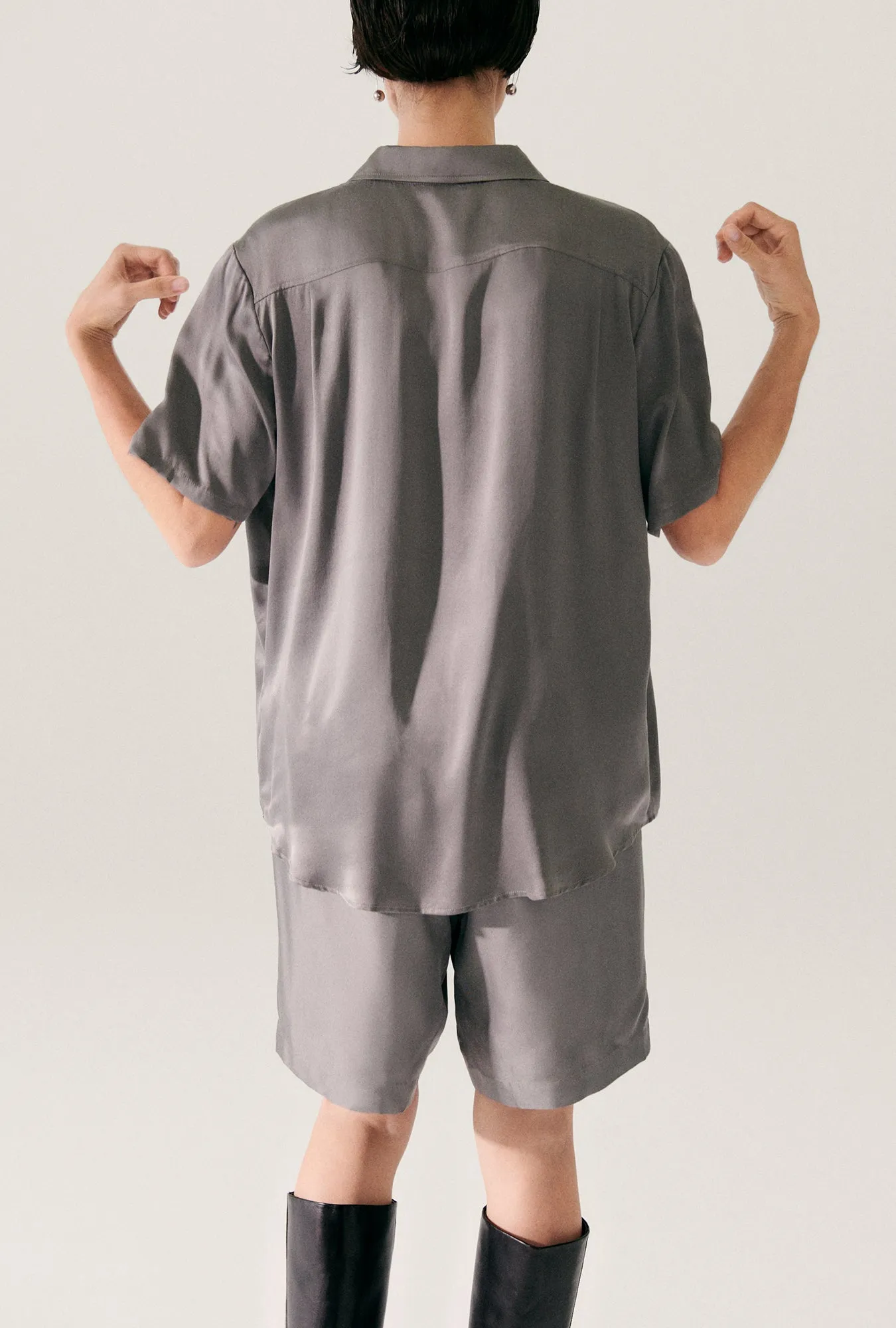 SHORT SLEEVE BOYFRIEND SHIRT GREY PEARL sold by Silk Laundry product image thumbnail 3