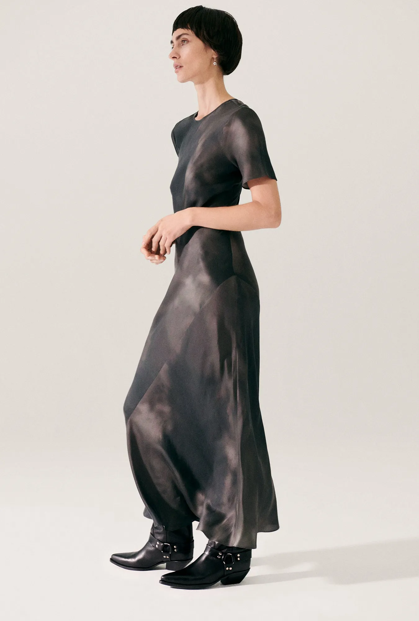 SHORT SLEEVE BIAS DRESS SMOKE sold by Silk Laundry