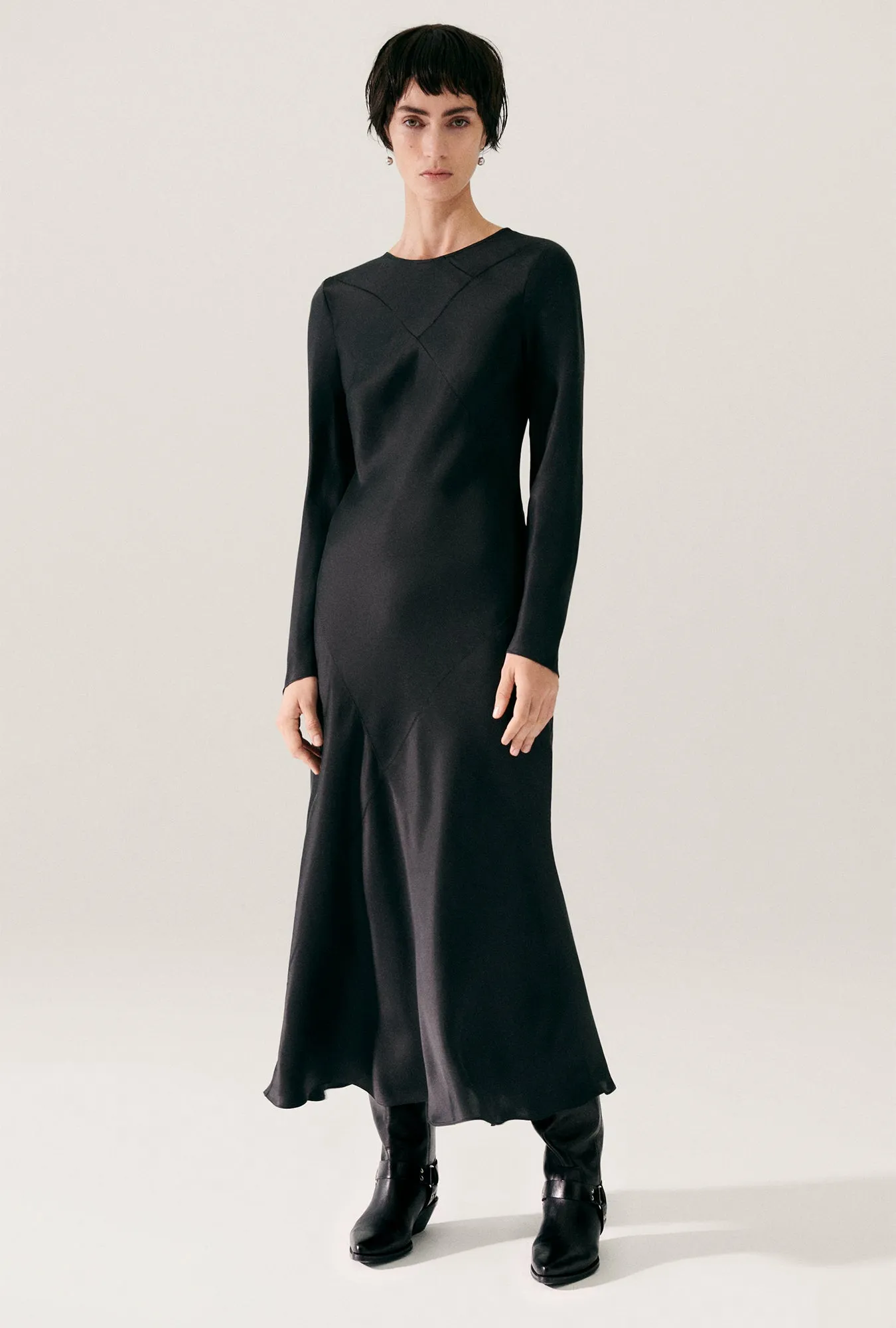 SPLICE FULL SLEEVE BIAS DRESS BLACK sold by Silk Laundry