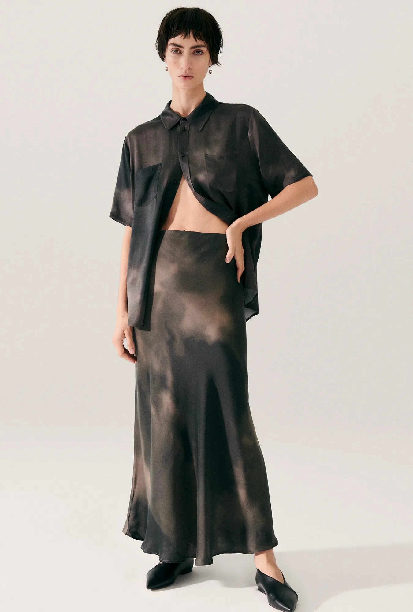 LONG BIAS CUT SKIRT SMOKE sold by Silk Laundry