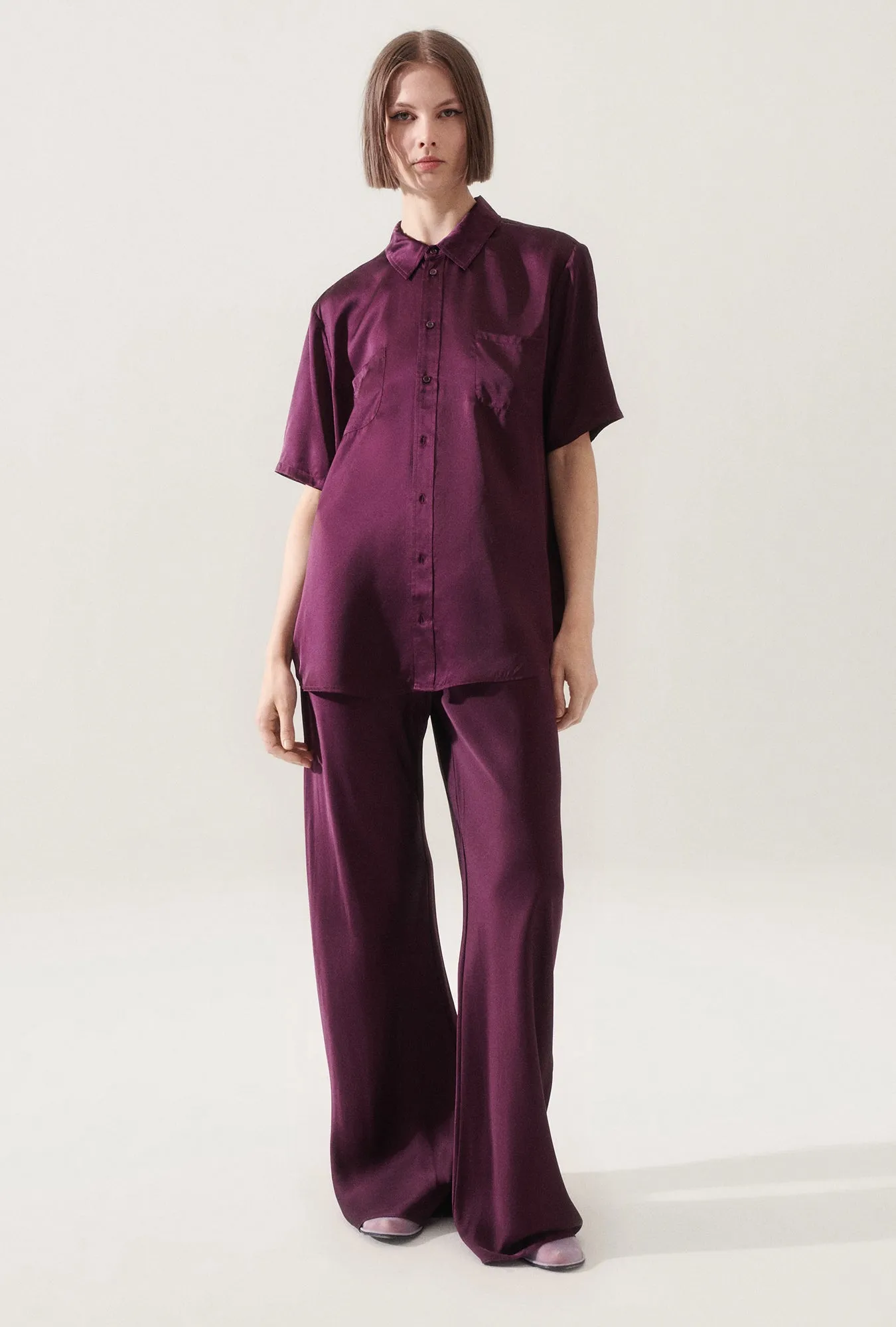 SHORT SLEEVE BOYFRIEND SHIRT BLOOD PLUM sold by Silk Laundry