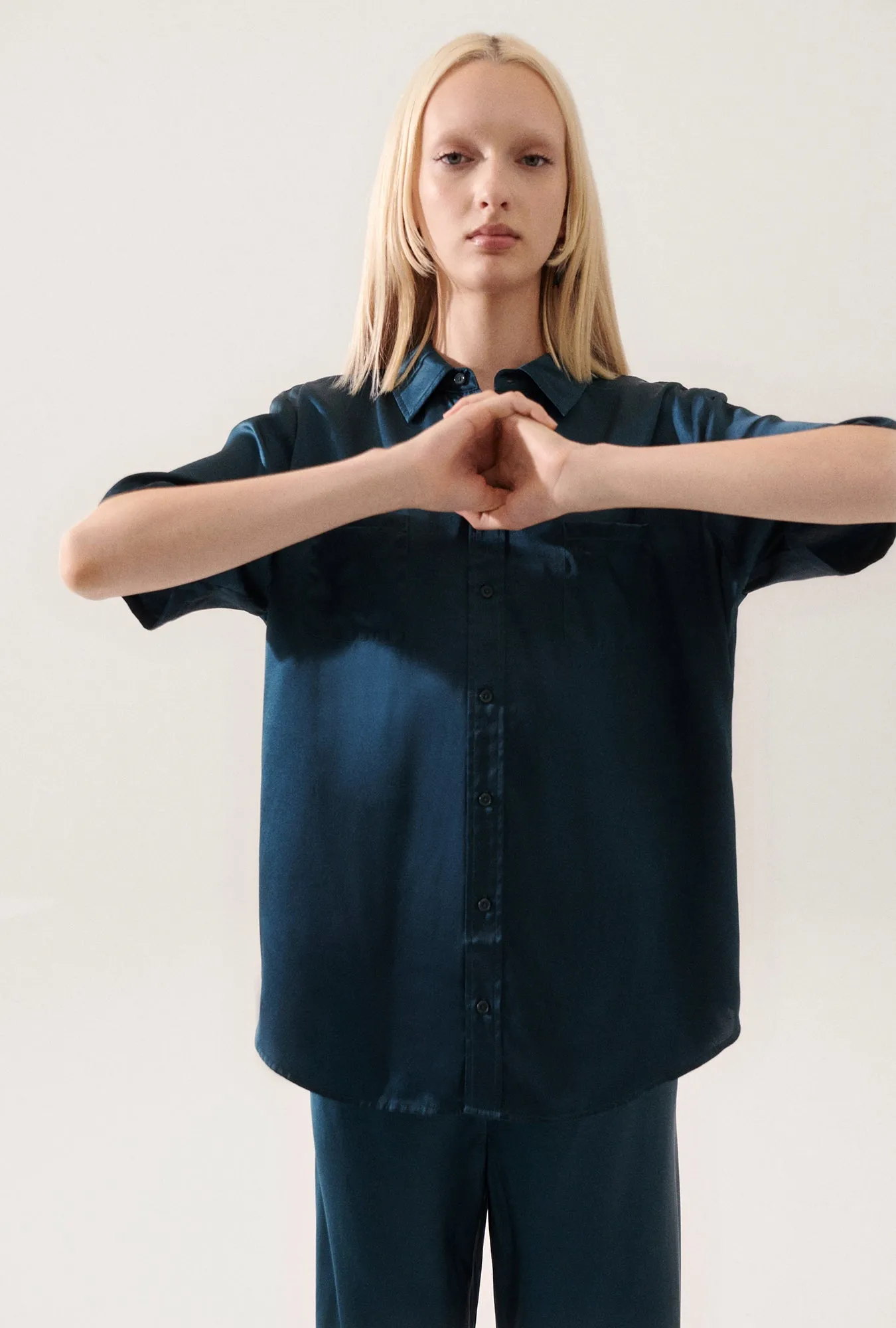 SHORT SLEEVE BOYFRIEND SHIRT TEAL sold by Silk Laundry product image thumbnail 5