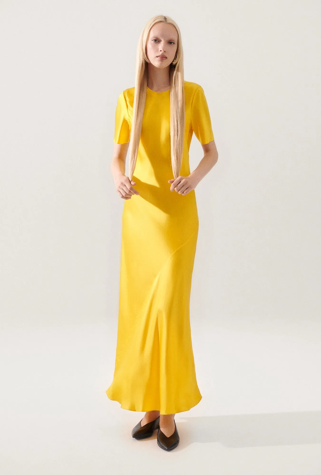 SHORT SLEEVE BIAS DRESS MARIGOLD sold by Silk Laundry