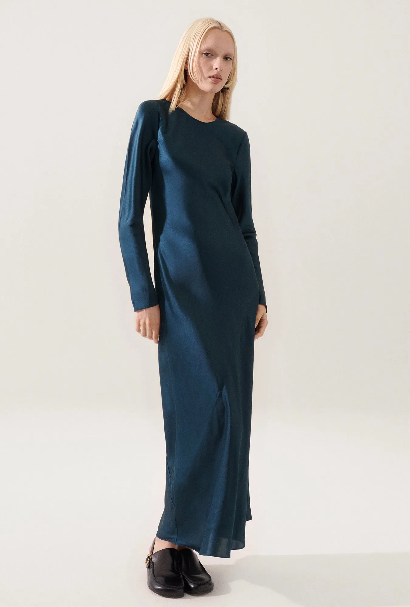 FULL SLEEVE BIAS DRESS TEAL sold by Silk Laundry