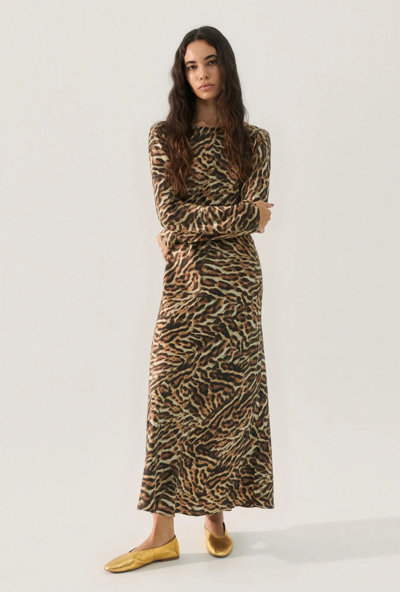 FULL SLEEVE BIAS DRESS LEOPARD sold by Silk Laundry